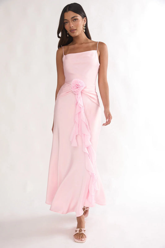 Blush Pink Satin Rosette Ruffle Mermaid Maxi Evening Dress