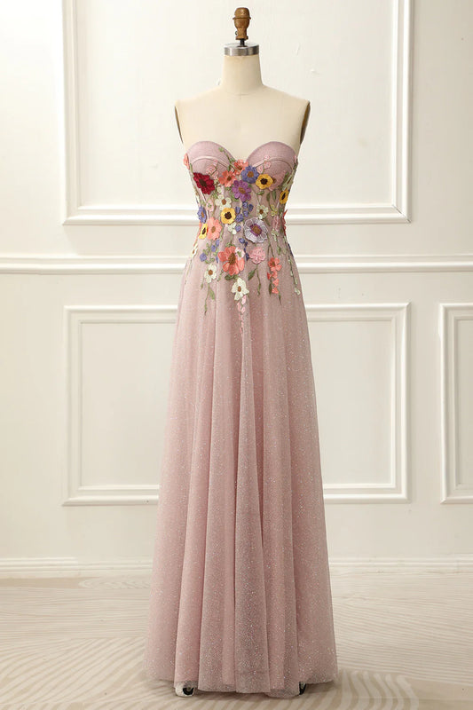 Strapless Off-the-Shoulder Blush Sparkly Prom Dress with 3D Flowers