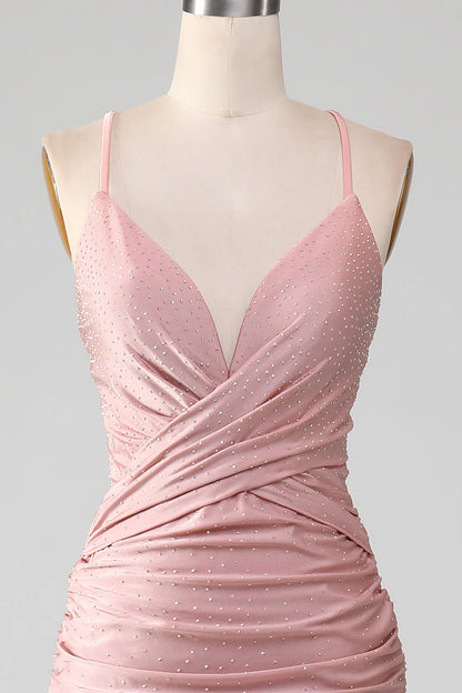 Sparkly Blush V-Neck Spaghetti Strap Beaded Lace-Up Back Long Mermaid Prom Dress
