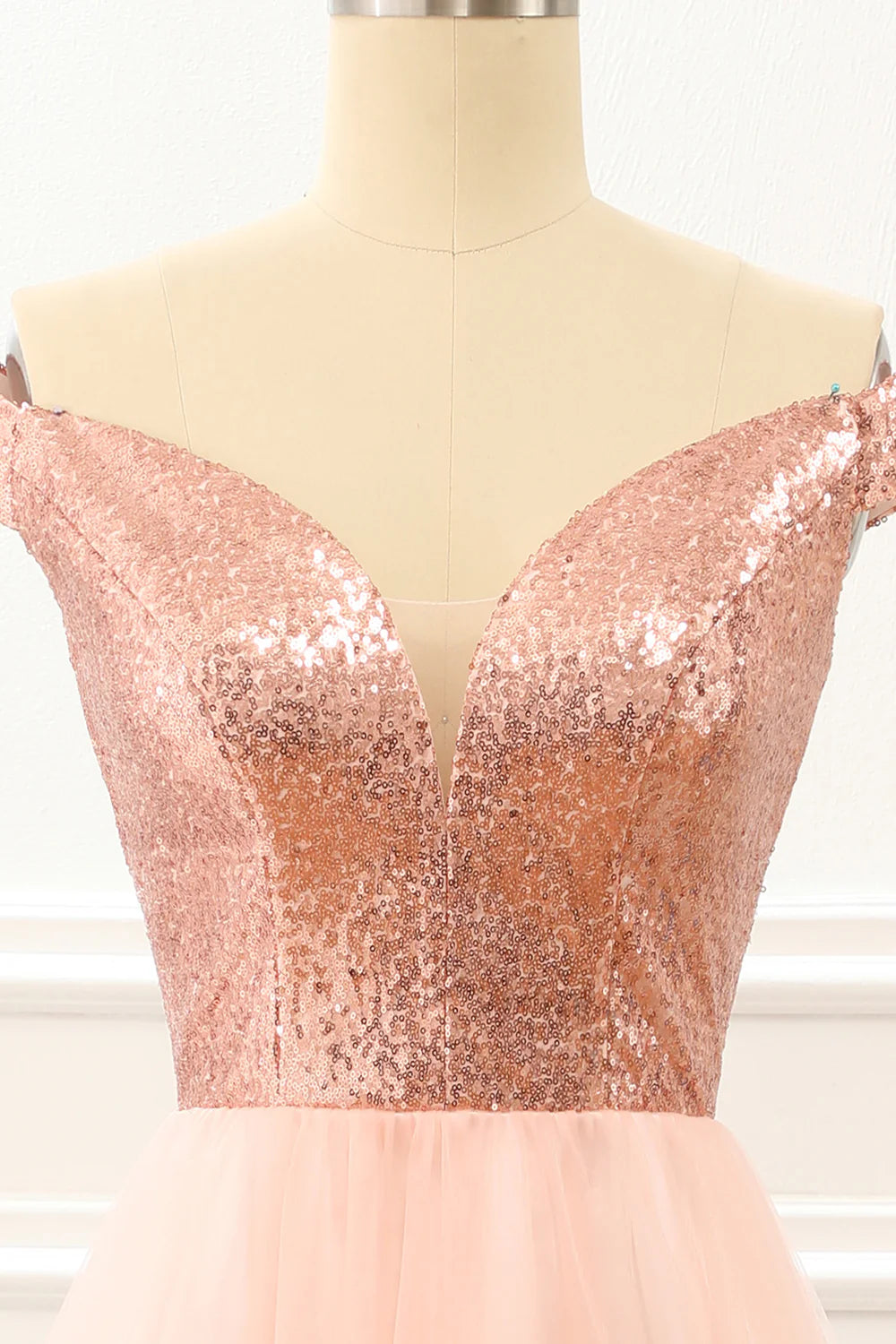 Blush A-Line Off-the-Shoulder V-Neck Tulle Sequins Prom Dress