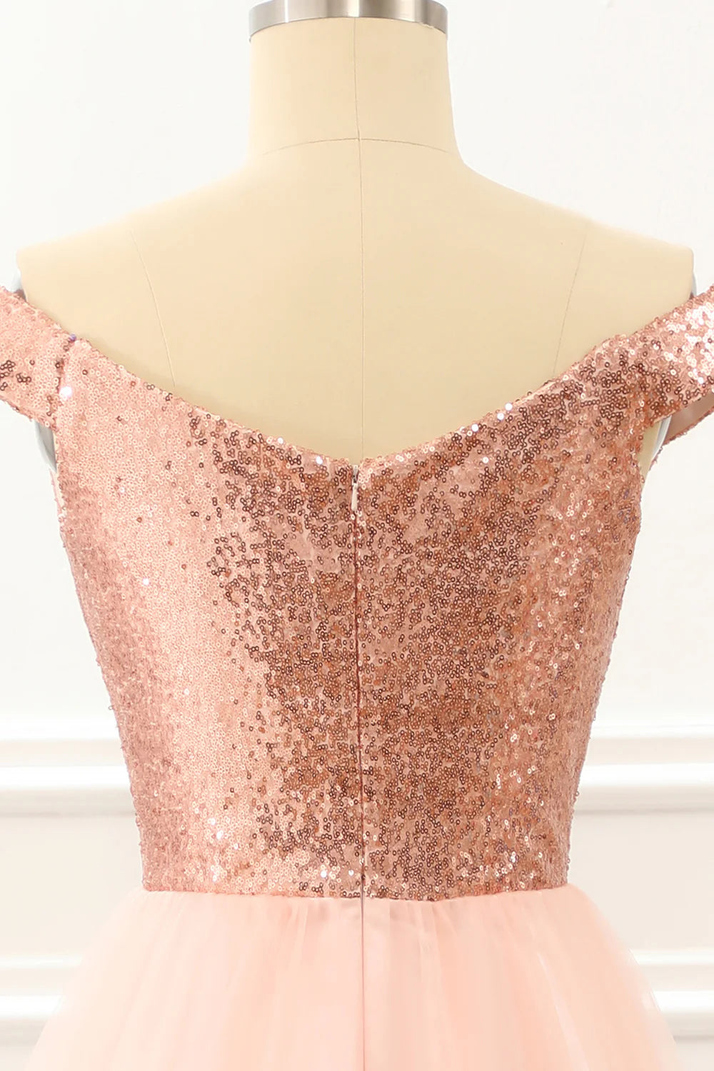 Blush A-Line Off-the-Shoulder V-Neck Tulle Sequins Prom Dress