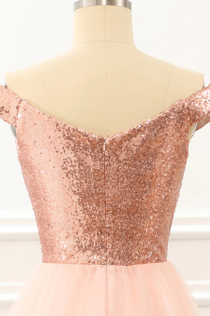 Blush A-Line Off-the-Shoulder V-Neck Tulle Sequins Prom Dress