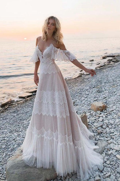 Bohemian Straps Off Shoulder Charming Lace Beach Wedding Dresses