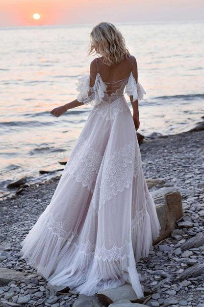 Bohemian Straps Off Shoulder Charming Lace Beach Wedding Dresses