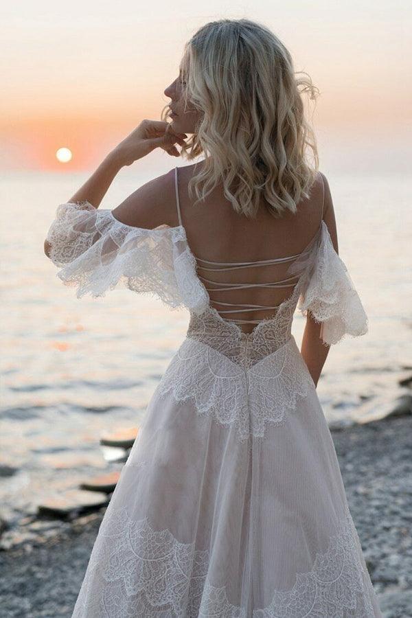 Bohemian Straps Off Shoulder Charming Lace Beach Wedding Dresses