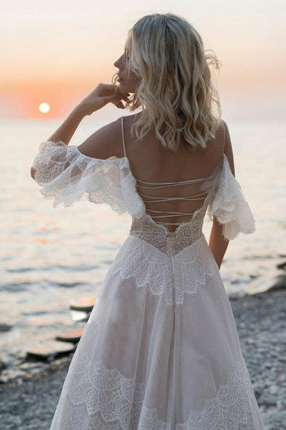 Bohemian Straps Off Shoulder Charming Lace Beach Wedding Dresses