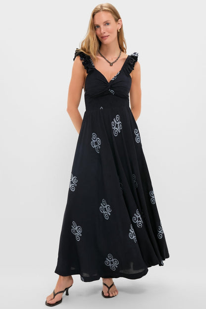 Bohemian Black Maxi Dress with Embroidered Detail and Ruffle Straps, Evening Dresses