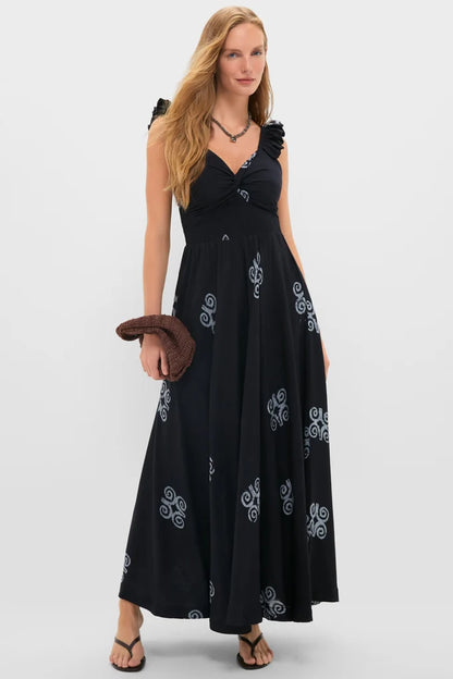 Bohemian Black Maxi Dress with Embroidered Detail and Ruffle Straps, Evening Dresses