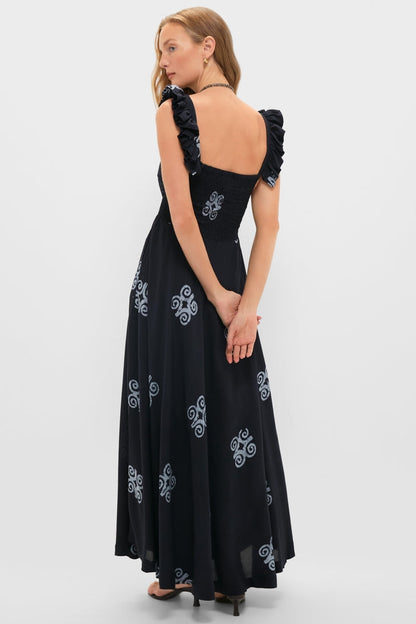 Bohemian Black Maxi Dress with Embroidered Detail and Ruffle Straps, Evening Dresses
