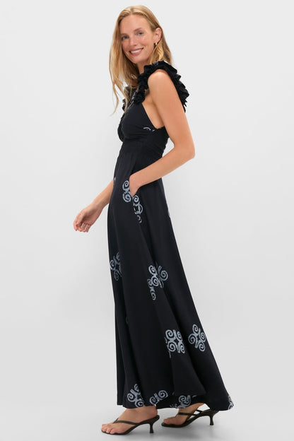Bohemian Black Maxi Dress with Embroidered Detail and Ruffle Straps, Evening Dresses