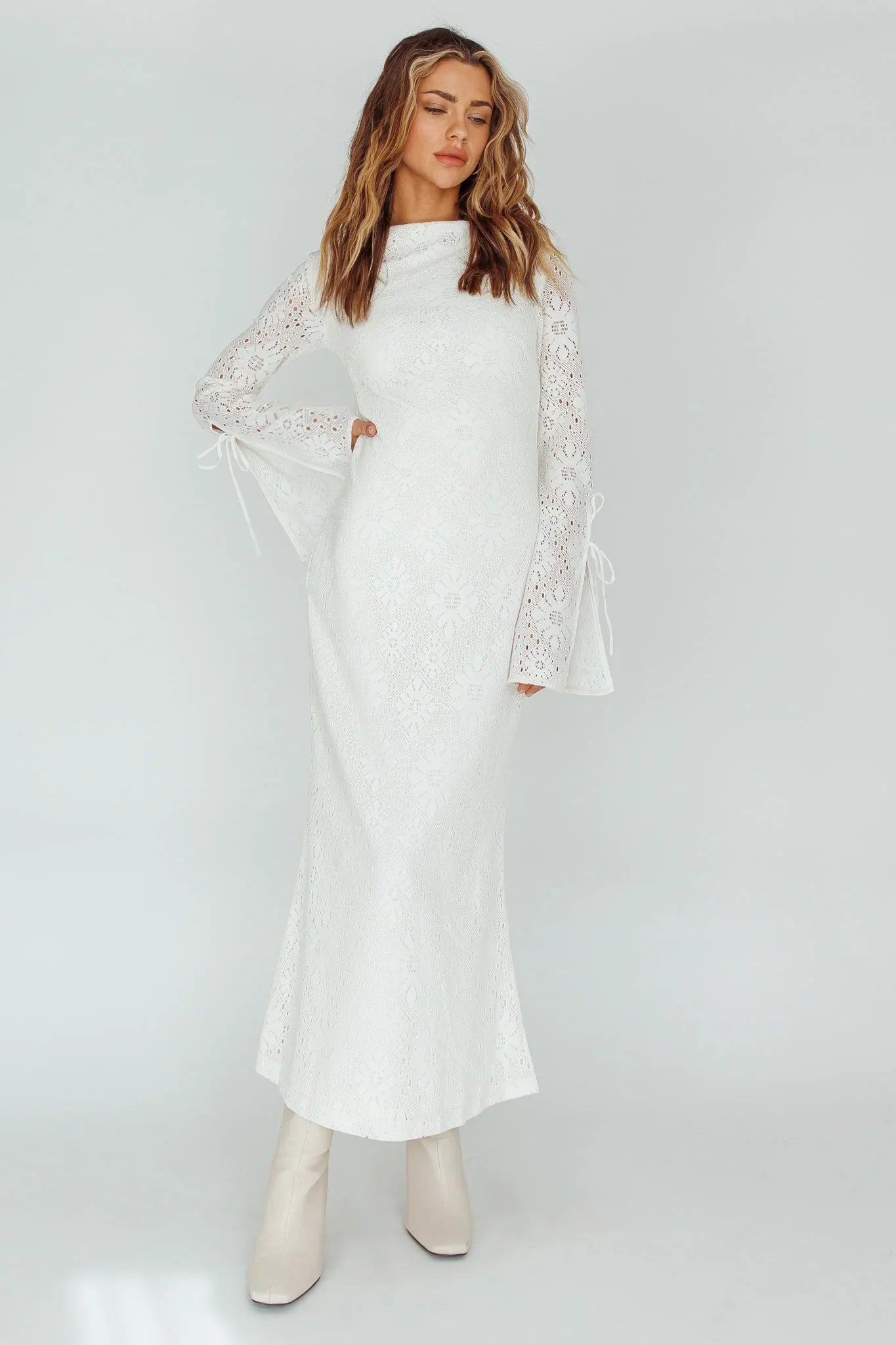 Bohemian Fitted Mock Neck Lace Bell Sleeve Maxi Evening Dress