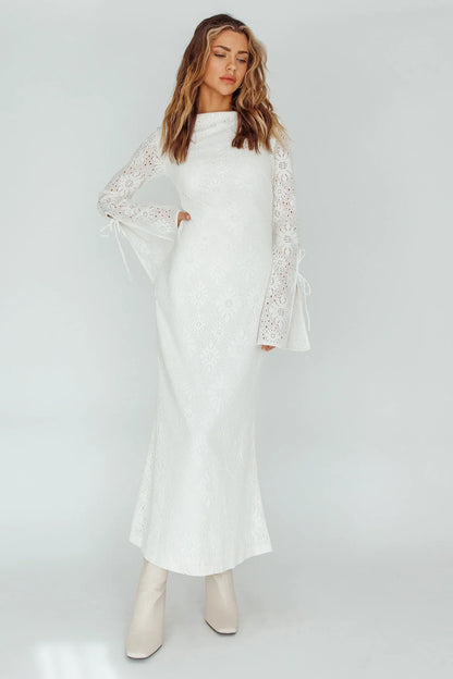 Bohemian Fitted Mock Neck Lace Bell Sleeve Maxi Evening Dress