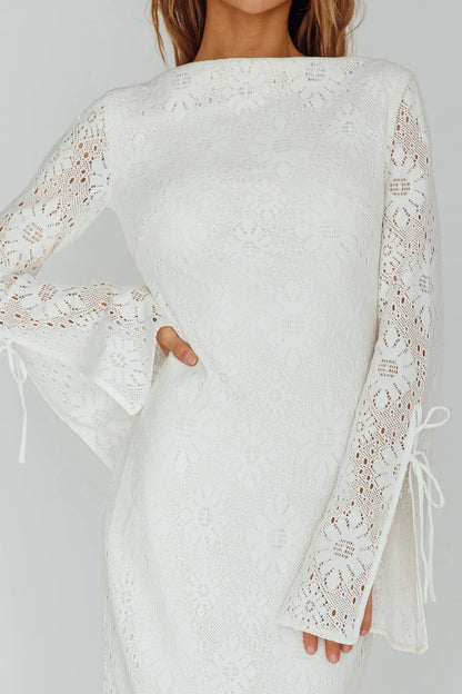 Bohemian Fitted Mock Neck Lace Bell Sleeve Maxi Evening Dress