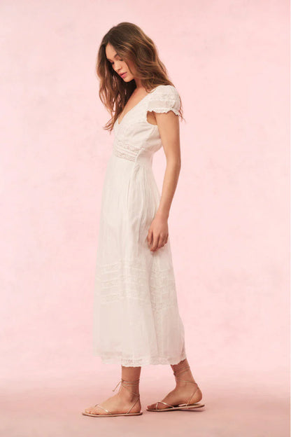 Bohemian Flared V-Neck Puff Sleeve Lace Insert Maxi Evening Dress