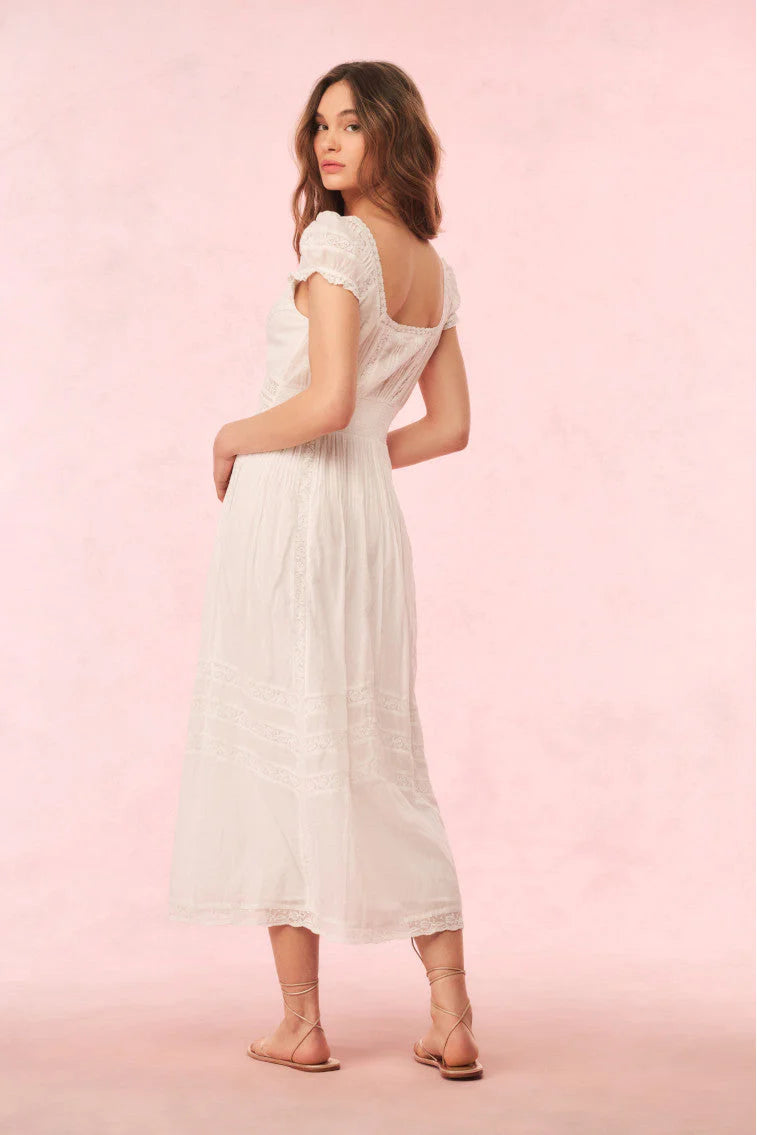 Bohemian Flared V-Neck Puff Sleeve Lace Insert Maxi Evening Dress