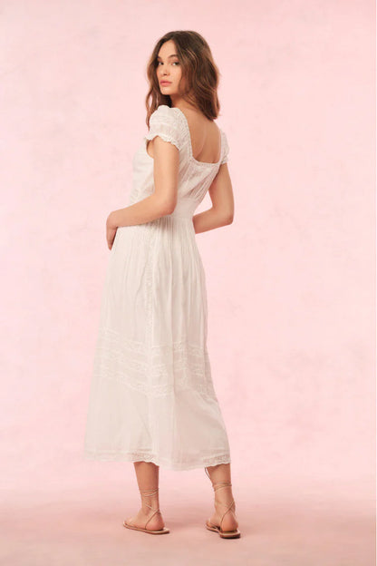 Bohemian Flared V-Neck Puff Sleeve Lace Insert Maxi Evening Dress