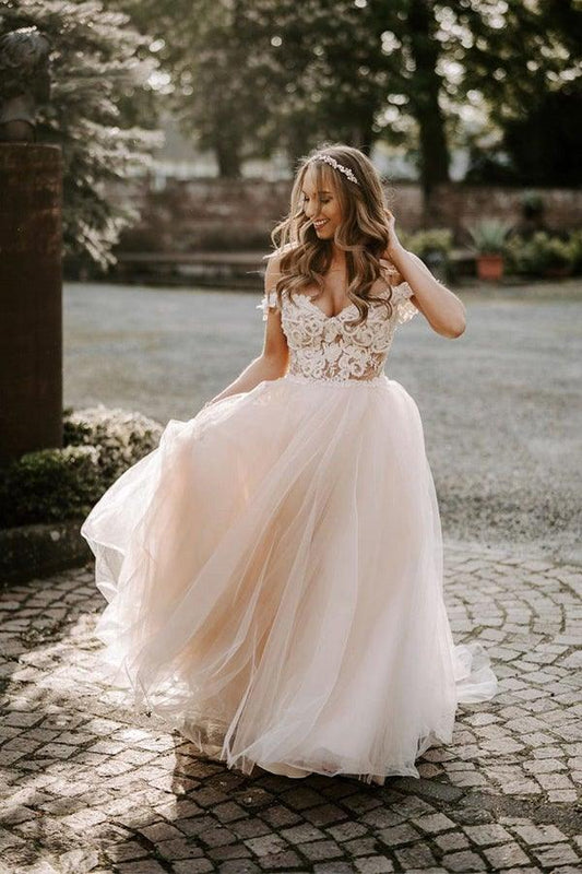 A-line Boho Champagne Off The Shoulder Wedding Dress Bridal Gown