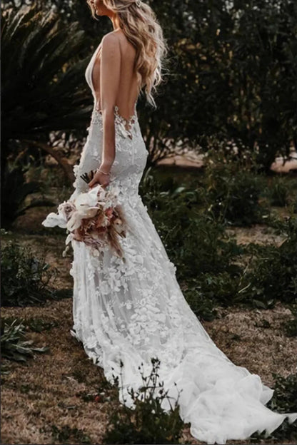 Boho Mermaid Wedding Dress Flower Appliques Deep V Neck Bridal Gown