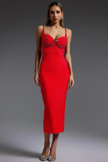 Bold Red Embellished Bustier Midi Gown with Spaghetti Straps: Evening Dresses