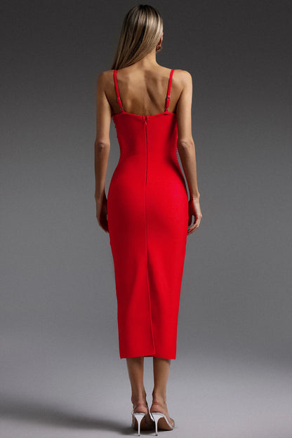 Bold Red Embellished Bustier Midi Gown with Spaghetti Straps: Evening Dresses