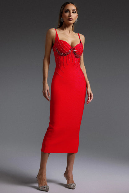 Bold Red Embellished Bustier Midi Gown with Spaghetti Straps: Evening Dresses