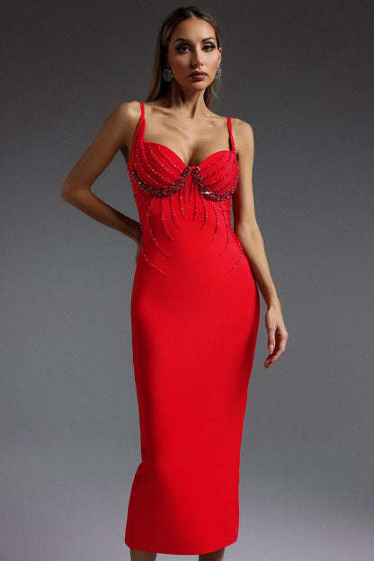 Bold Red Embellished Bustier Midi Gown with Spaghetti Straps: Evening Dresses