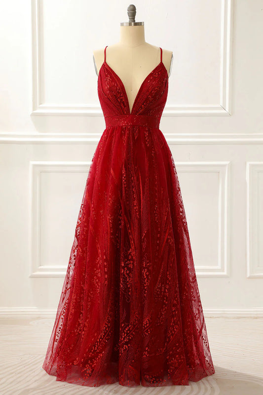 Spaghetti Straps Burgundy A Line V-Neck Backless Princess Prom Dress