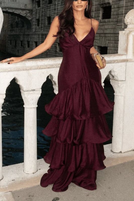 Burgundy Sequin Strapless Ruffled Mermaid Long Evening Gown for Party Wedding Banquet Festival Prom Formal Occasions