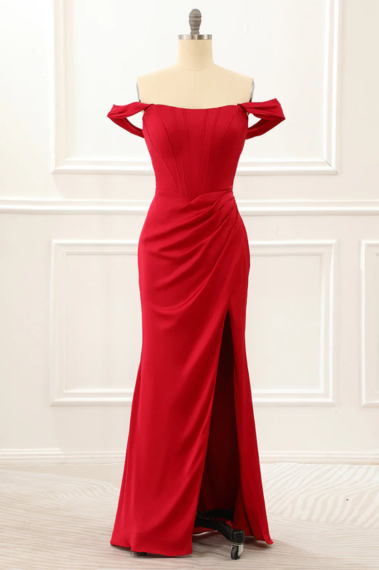 Off the Shoulder Ruffles Burgundy Retract Your Waist Prom Dress with Slit
