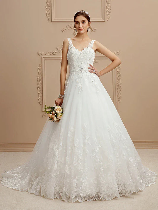 Ball Gown Wedding Dresses V Neck Court Train Tulle Beaded Lace Lace Over Tulle Spaghetti Strap Glamorous Illusion Detail Backless with Beading Appliques