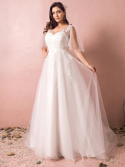 A-Line Wedding Dresses V Neck Court Train Satin Tulle Half Sleeve Formal Plus Size with Appliques