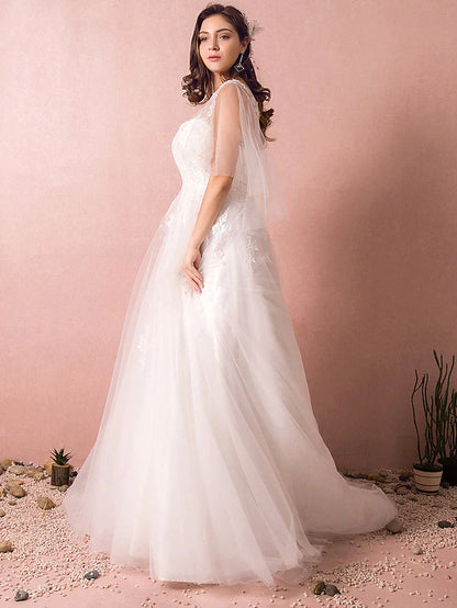 A-Line Wedding Dresses V Neck Court Train Satin Tulle Half Sleeve Formal Plus Size with Appliques