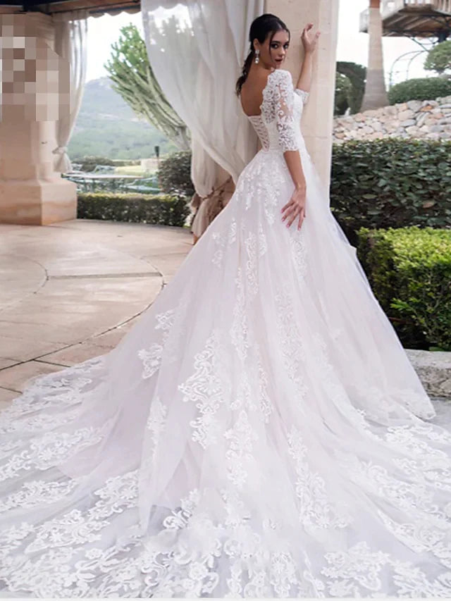 A-Line Wedding Dresses Off Shoulder Court Train Lace Length Sleeve Country Illusion Sleeve