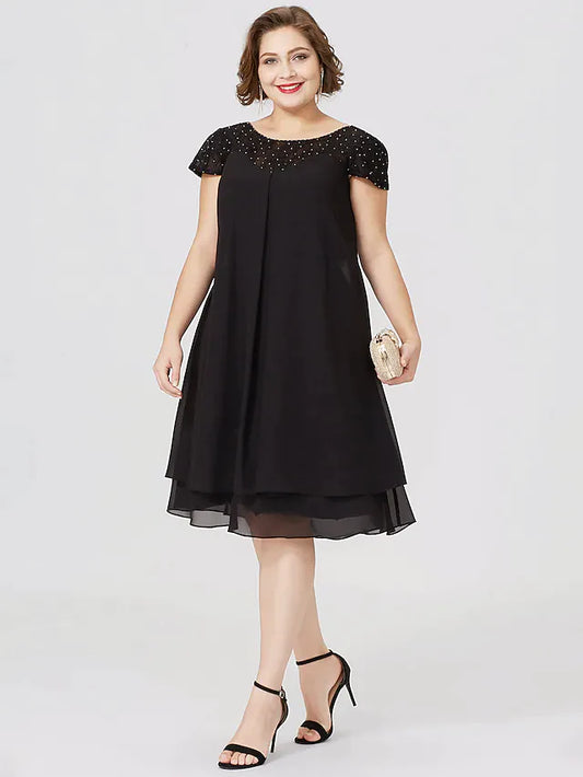 Mother of the Bride Dress Little Black Dress Plus Size See Through Jewel Neck Knee Length Chiffon Lace Short Sleeve with Pleats Beading Lace Insert