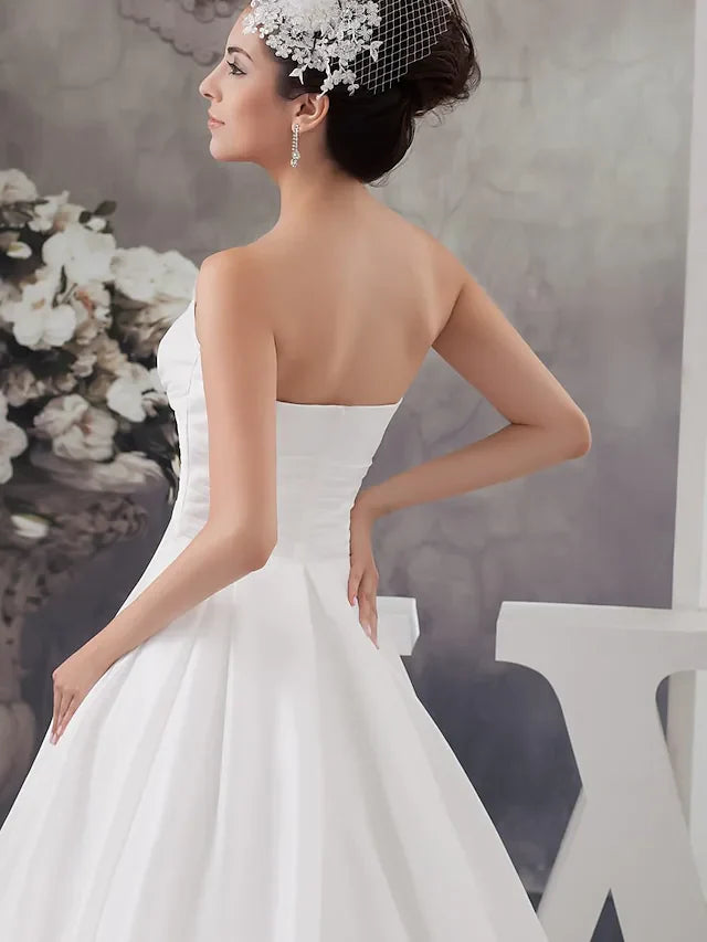 A-Line Wedding Dresses Strapless Chapel Train Satin Strapless with Ruched Beading Draping