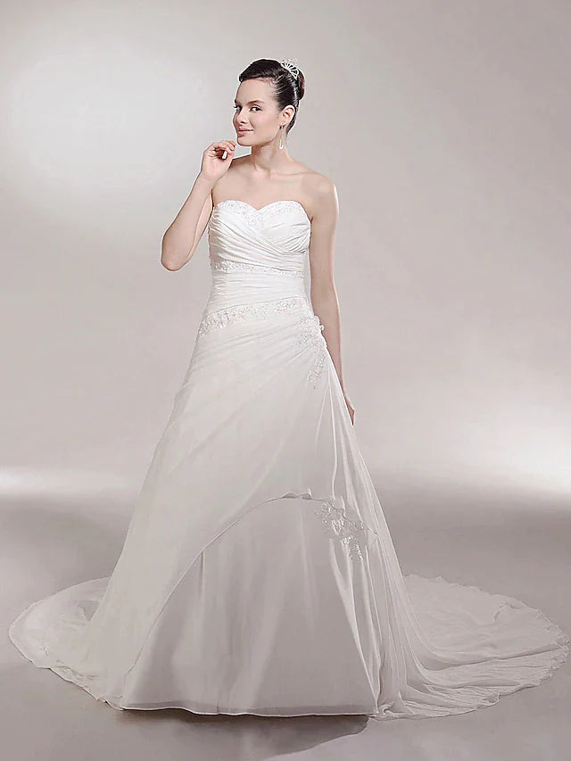 Princess A-Line Wedding Dresses Sweetheart Neckline Strapless Cathedral Train Chiffon Sleeveless