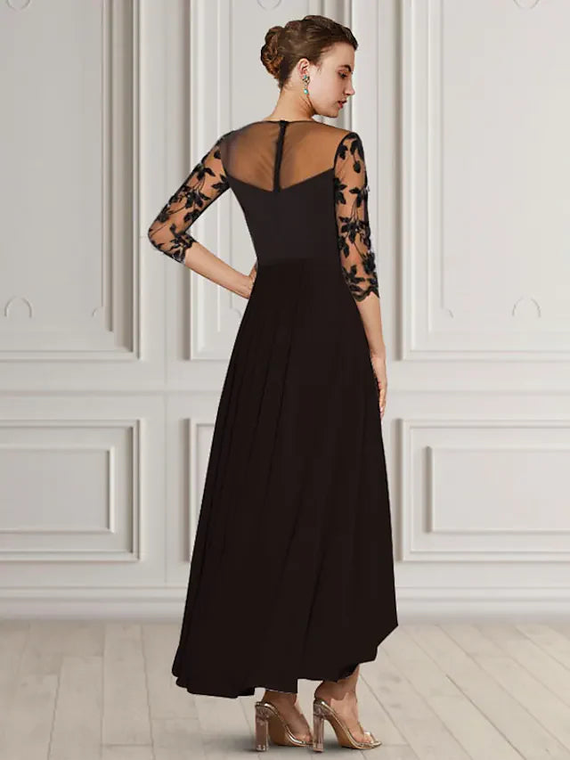 A-Line Mother of the Bride Dress Elegant Jewel Neck Asymmetrical Tea Length Chiffon Lace Length Sleeve with Appliques