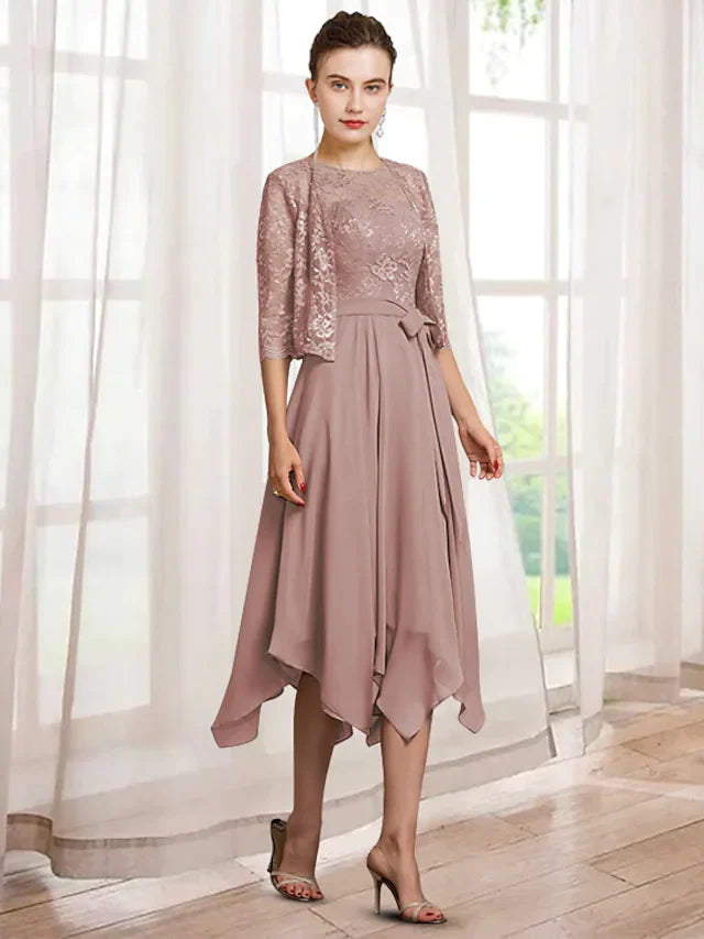 Two Piece A-Line Mother of the Bride Dress Elegant Jewel Neck Tea Length Chiffon Lace Half Sleeve with Sash Ribbon