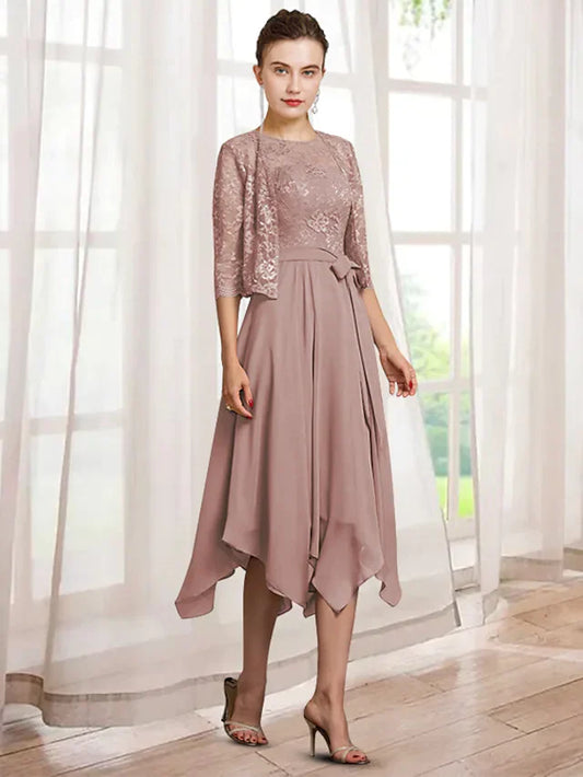 Two Piece A-Line Mother of the Bride Dress Elegant Jewel Neck Tea Length Chiffon Lace Half Sleeve with Sash Ribbon