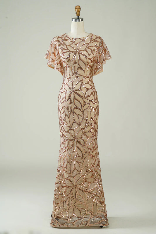 A Line Scoop Neck Champagne Sequins Long Prom Dress with Back Slit