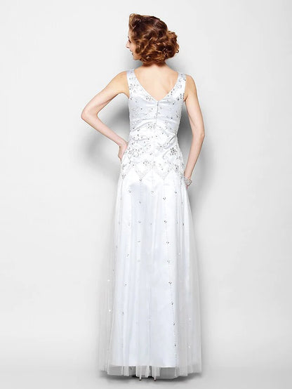 Mother of the Bride Dress Sparkle & Shine V Neck Floor Length Lace Tulle Sleeveless with Lace Beading