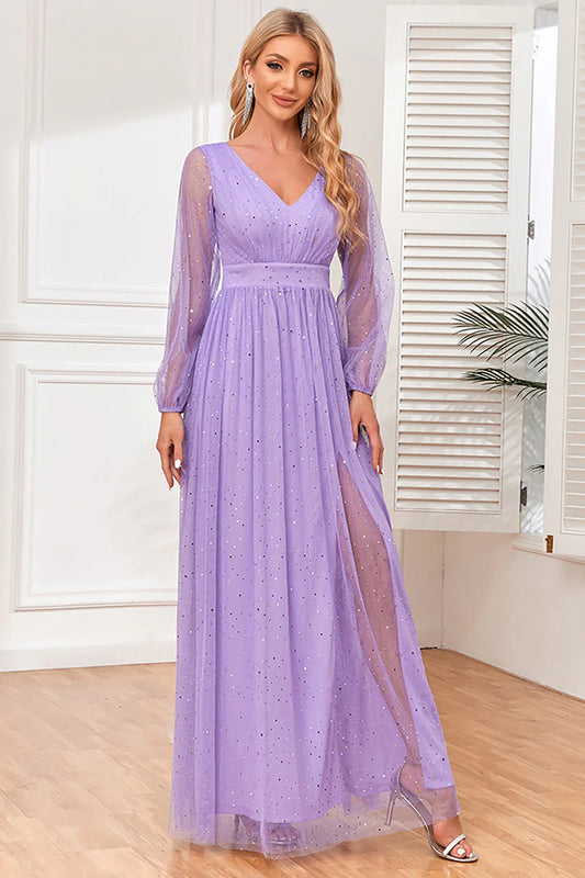 A-Line Long Sleeves V Neck Lilac Formal Dress with Slit