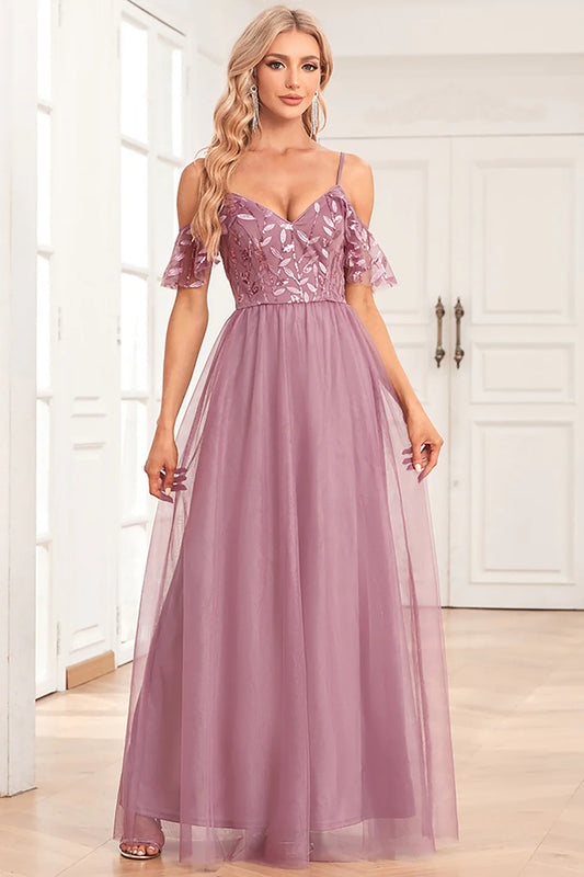 A-Line Spaghetti Straps V Neck Cold Shoulder Dusty Rose Formal Dress