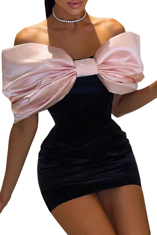 Sheath Off The Shoulder Big Bowknot Black Pink Homecoming Dress