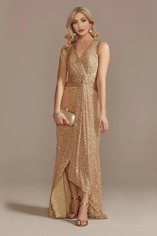 Sleek Glitter Sparking Sleeveless V-Neck High Low Champagne Prom Dress