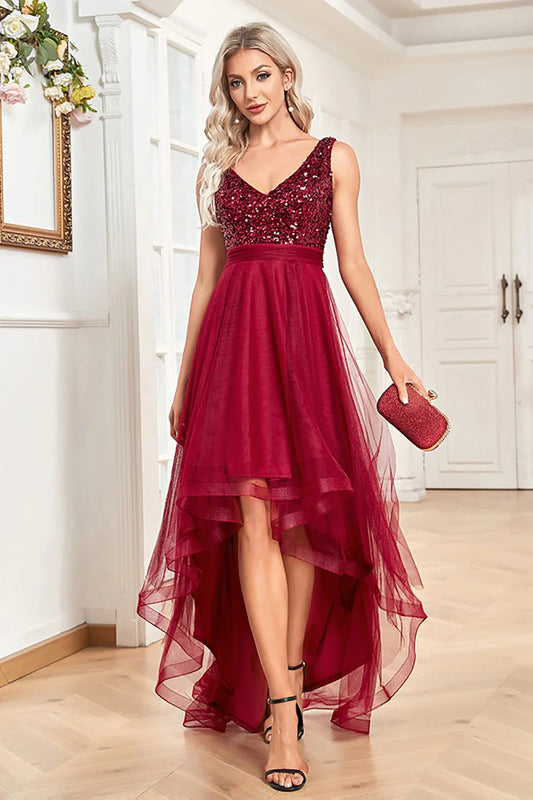 A Line  V-Neck Asymmetric High Low Burgundy Sparkly Sequin Prom Dress