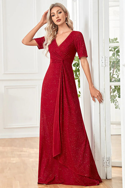 A Line Burgundy Sparkly Short Sleeves V-Neck Long Prom Dress