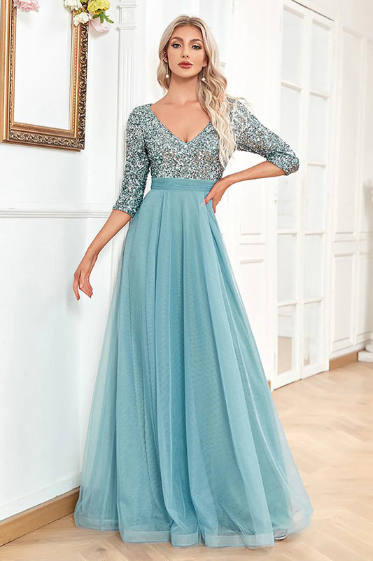 A Line Blue Glitter Sparking Sparkly Sequin 3/4 Sleeves Prom Dress