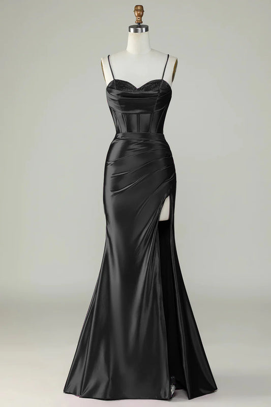 Black Spaghetti Straps Mermaid Satin Sequins Long Prom Dress With Slit