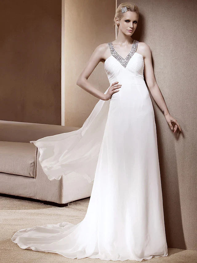 Princess A-Line Wedding Dresses V Neck Court Train Chiffon Sleeveless Sparkle & Shine with